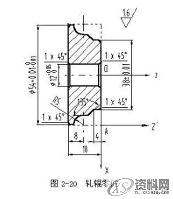数控车床编程实例,详细讲解!实例一、如图2-16所示工件,毛坯为φ45㎜×120㎜棒材,材料为45钢,数控车削端面、外圆。实例二、如图2-17所示变速手柄轴,毛坯为φ25㎜×100㎜棒材,材料为45钢,完成数控车削。实例三、如图2-18所示工件,毛坯为φ25㎜×65㎜棒材,材料为45钢。实例四、如图2-20所示轧辊工件,毛坯为φ55㎜×18㎜盘料,φ12+0。05 ㎜内孔及倒角和左右两端面已加工过,材料为45钢。,工件,坐标系,加工,第4张 数控车床编程实例,详细讲解!实例一、如图2-16所示工件,毛坯为φ45㎜×120㎜棒材,材料为45钢,数控车削端面、外圆。实例二、如图2-17所示变速手柄轴,毛坯为φ25㎜×100㎜棒材,材料为45钢,完成数控车削。实例三、如图2-18所示工件,毛坯为φ25㎜×65㎜棒材,材料为45钢。实例四、如图2-20所示轧辊工件,毛坯为φ55㎜×18㎜盘料,φ12+0。05 ㎜内孔及倒角和左右两端面已加工过,材料为45钢。,工件,坐标系,加工,第4张